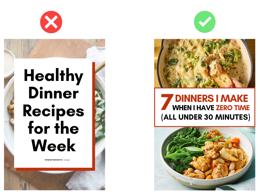 Comparison of a weak Pinterest pin title vs a high-converting pin title that gets more outbound clicks