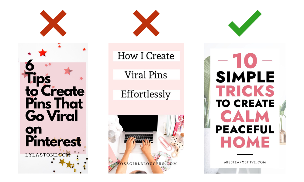Side-by-side comparison of a well-designed Pinterest pin with clear text overlays and a poorly designed pin with cluttered visuals.