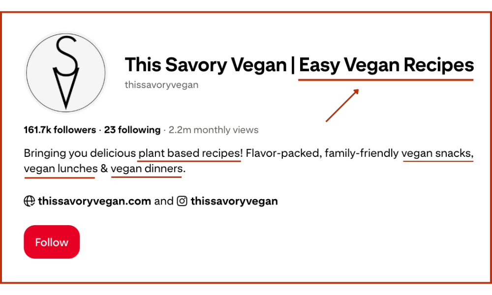 Example of an optimized Pinterest profile with a clear username, keyword-rich bio, and organized boards.