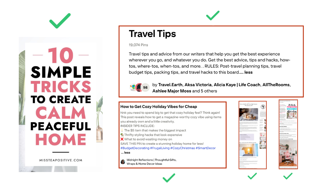 Diagram showing how Pinterest analyzes pin titles descriptions boards and URLs to understand content.