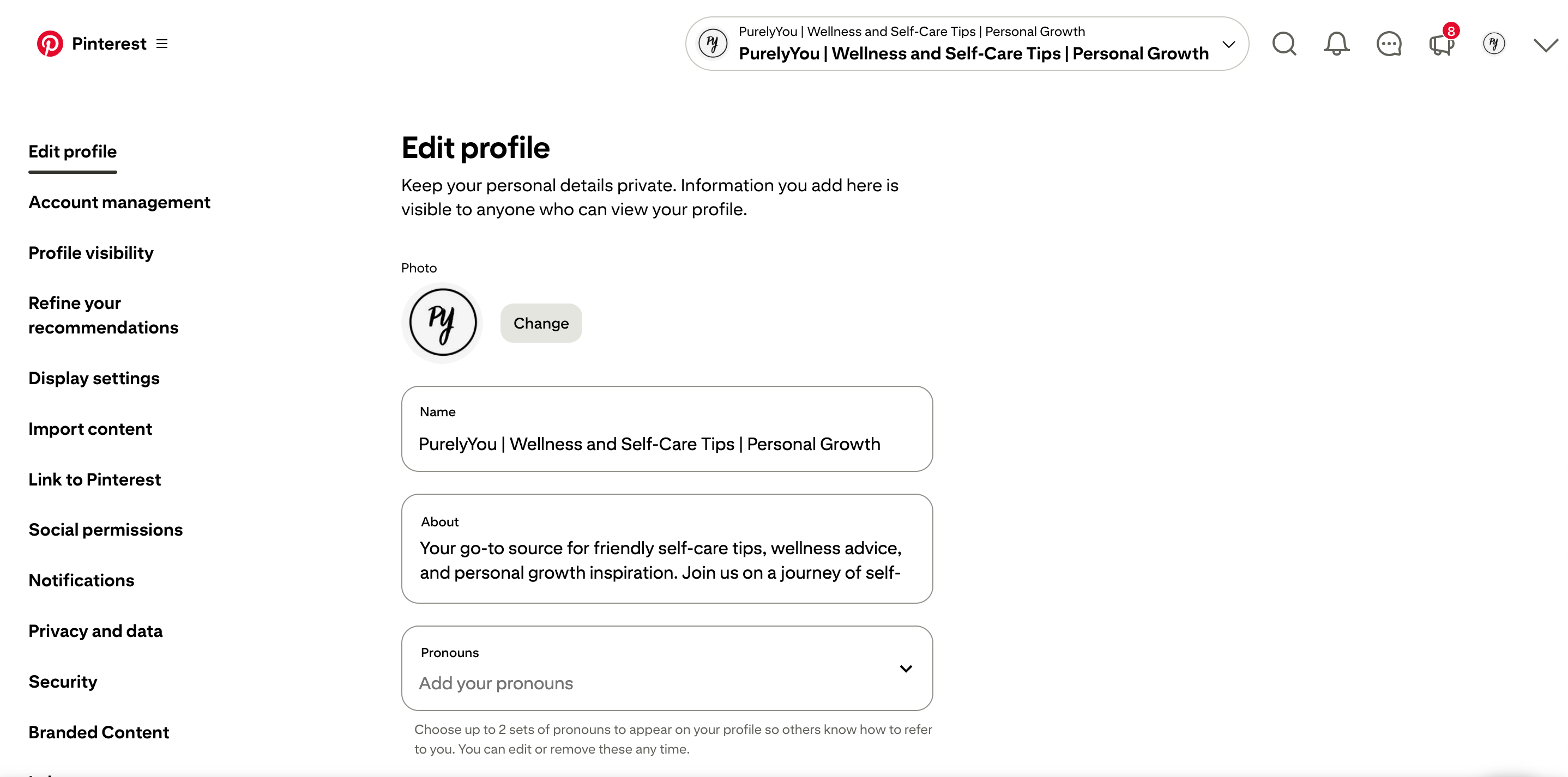 How to set up a Pinterest business account for bloggers β account settings screenshot