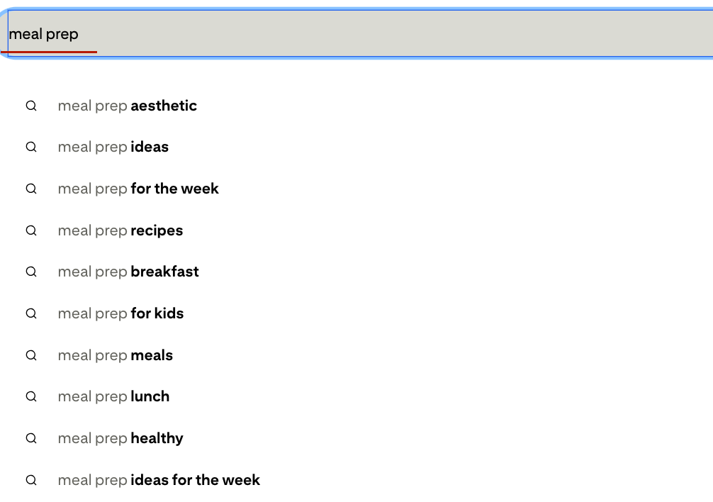 Pinterest search bar autocomplete showing keyword suggestions bloggers can use to improve pin click rates
